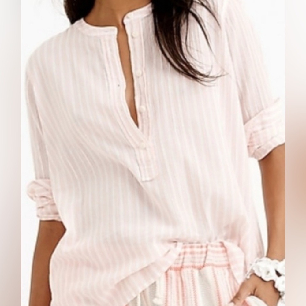 J. Crew Collarless Popover Cotton Shirt in Pink and White Stripe Size 12